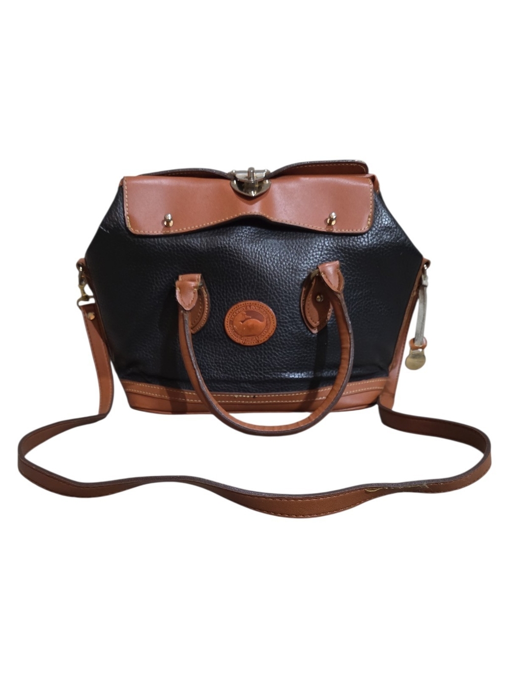 Dooney & Bourke Black Pebbled Leather Satchel with Brown Trim
